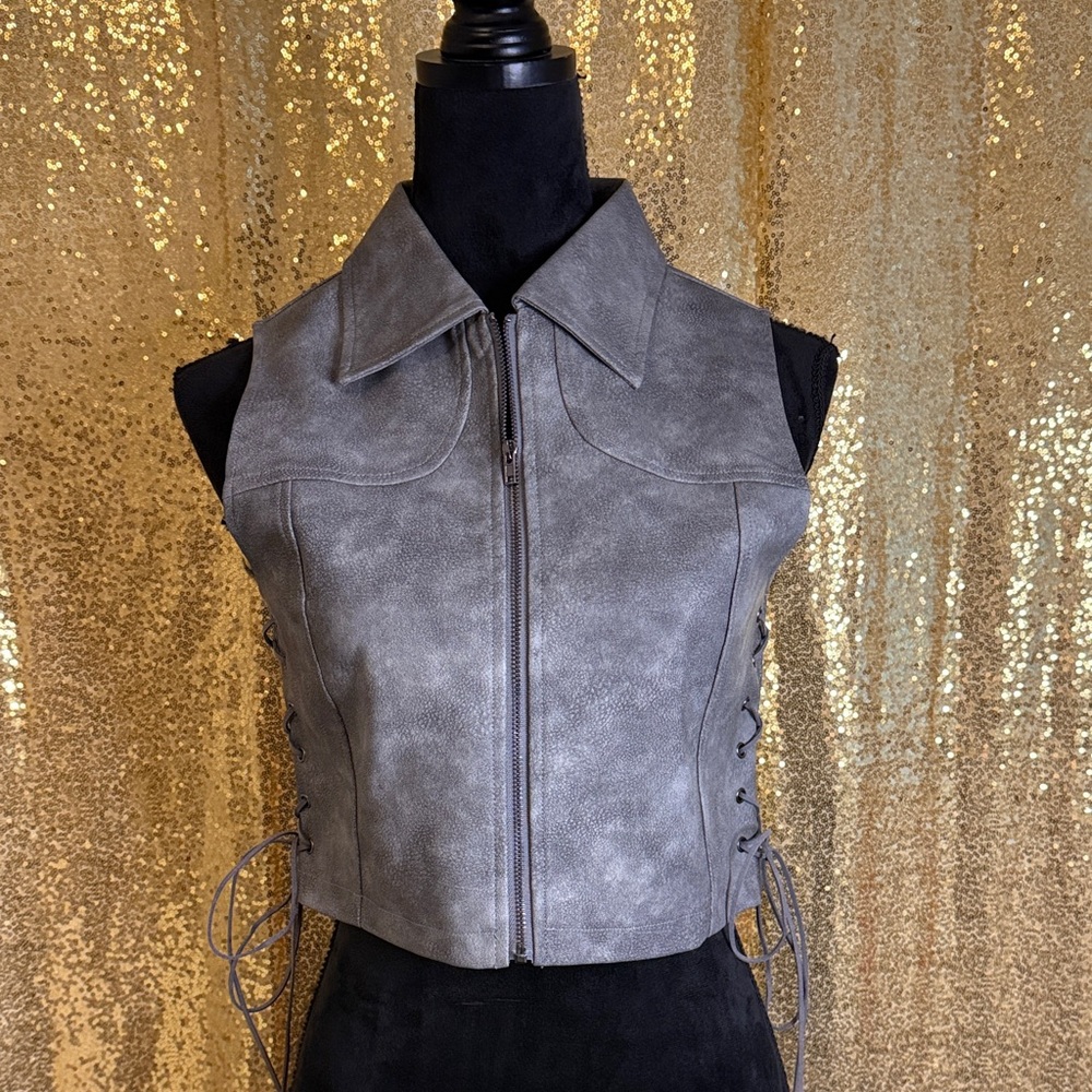 Silence + Noise Phoenix Faux Suede  cropped Vest Gray with Lace-Up Sides